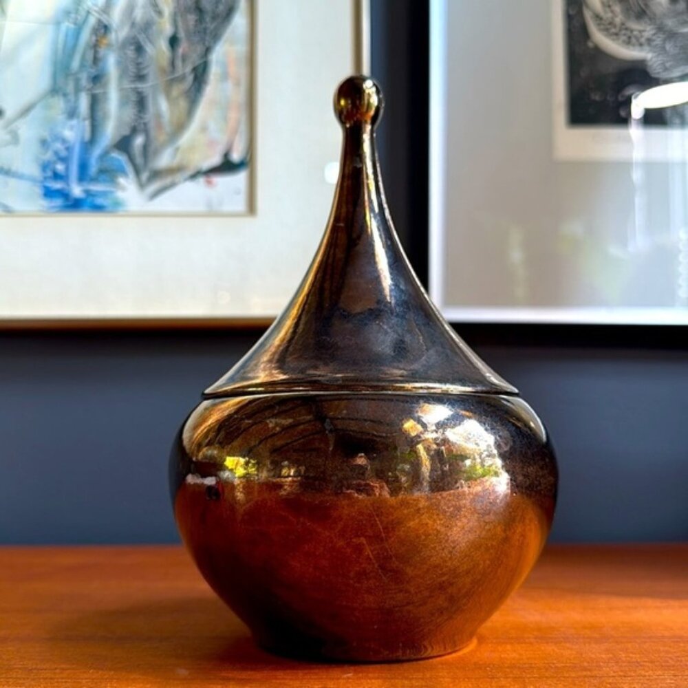 Vintage 1983 handmade porcelain trinket box tarnish gold glaze abstract shape